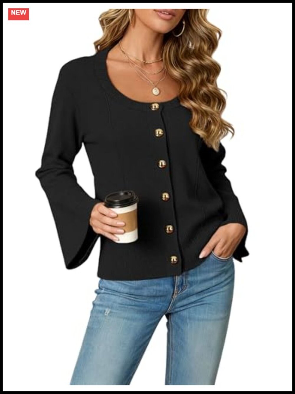 Lightweight Knit Cardigan with Bell Sleeves and Gold Buttons